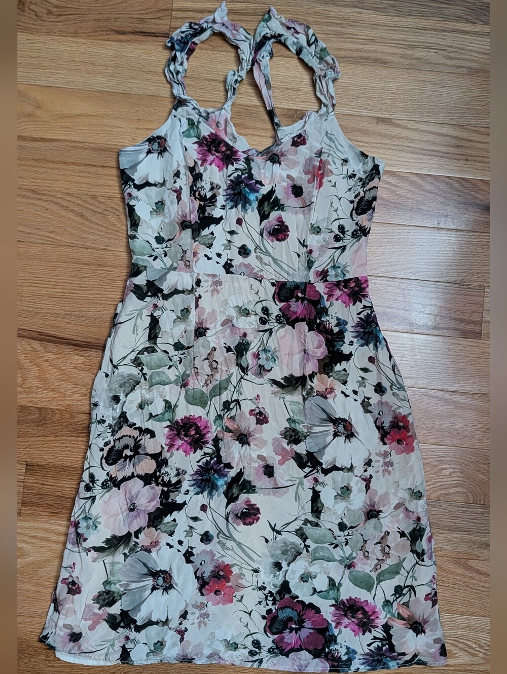 Amour Vert 100% Silk Floral Ruffle Strap Dress M Wedding Guest Cottagecore